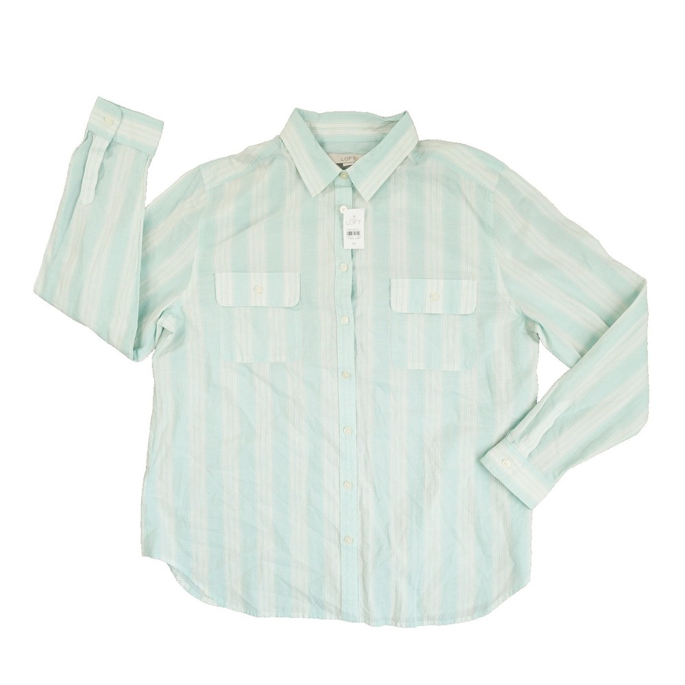Ann Taylor LOFT Button Up Shirt Women's XL NWT Aqua Green White Striped